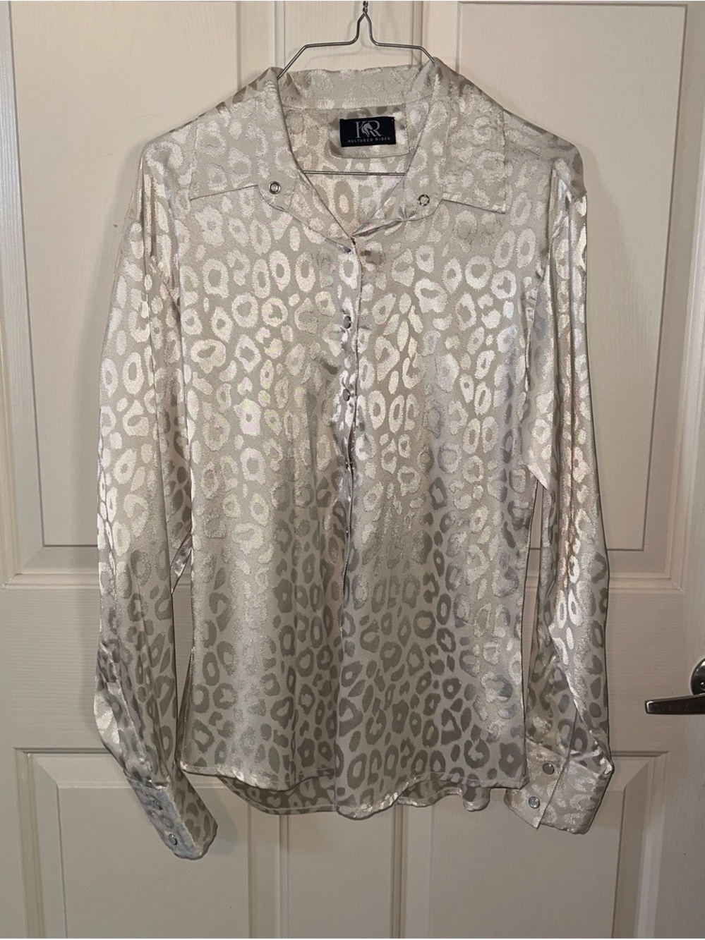 Metallic Cream Leopard-Print Satin Button-Down Shirt